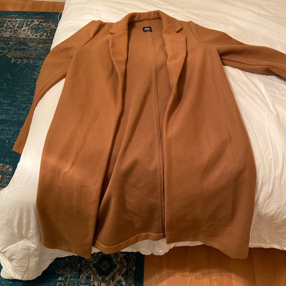 Zara Camel Brown Long Open Front Coat